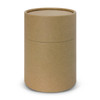 A cylindrical cardboard packaging in a brown kraft colour, featuring a removable lid.