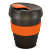 A drink bottle in black with an orange silicone band and lid, featuring a curved design and a logo.