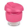 A drink bottle made of clear borosilicate glass with a vibrant pink silicone lid and grip, featuring a logo.