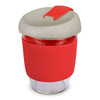 A drink bottle featuring a clear glass body, red silicone sleeve, and a grey lid with a red clip.