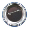 A circular button badge in silver with a blue edge, featuring a pin attachment on the back.