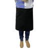 A black waist apron worn by a person, paired with a striped blue and white top and jeans.