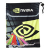 A microfibre pouch for tablets in black with vibrant multicoloured graphics and a logo. Features a drawstring closure.