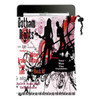 A microfibre iPad pouch featuring a vibrant design with black and white silhouettes and abstract patterns. It includes a logo.