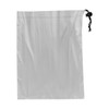 A grey microfibre pouch with a drawstring closure, designed for tablet protection. Features a logo.