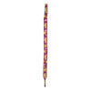 A pair of purple shoe laces with yellow and pink star patterns and a logo design.