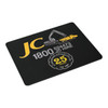 A black fabric mouse mat featuring a logo and illustrations of construction vehicles, measuring 225mm x 185mm.