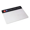 A rectangular mouse mat in shades of white and black, featuring a logo at the top.