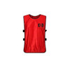 A red sports vest featuring a logo, with adjustable straps on the sides.