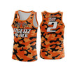 An orange camouflage sports singlet featuring a logo and the number 2 on the back.