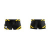 Rugby/AFL shorts in black with yellow stripes. Features a number on one side and a logo.