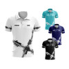 Four polo shirts in white, turquoise, navy blue, and black, each featuring a logo and a graphic design.