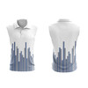 A sleeveless polo shirt in white with a blue gradient design, featuring a logo on the front.