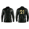 A long sleeve polo shirt in black with a geometric pattern and a logo. The back features the number 21.