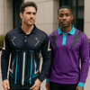 A long sleeve polo shirt in navy blue with teal accents and another in purple with turquoise detailing, both featuring logos.