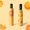 A yellow umbrella featuring orange slice graphics, displayed both open and closed with a black handle.