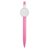 A pink pen with a white circular button at the top and a black writing tip, featuring a logo.