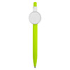 A bright green plastic pen with a circular white badge at the top and a black writing tip.