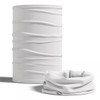 A white tubular bandana displayed in a cylindrical shape and a scrunched form, showcasing its textured design.