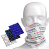 A bandana in blue, black, and white featuring a logo, displayed on a mannequin head.