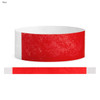 A red Tyvek adult wristband with a white section, designed for events and exhibits. Features a logo on its surface.