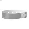 A grey plastic wristband with adjustable snap closure and multiple holes for fitting. It features a logo.