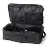 A black convertible travel backpack with an open main compartment and zippered pockets inside. It features a logo.