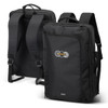 A black convertible travel backpack with adjustable straps and a logo. Designed for versatility and practicality.