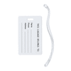 A large, white luggage tag with space for personal details, accompanied by a clear strap for attachment.