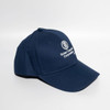 A navy snapback cotton baseball cap with an embroidered logo on the front.
