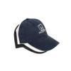 A denim cotton baseball cap in navy, featuring a logo, with contrasting white and black variants displayed.