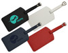 A set of three luggage tags in black, white, navy blue, and red, featuring a logo and adjustable straps.