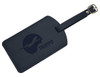 A black luggage tag featuring a logo and a buckle strap for attachment.