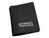 A black passport wallet with a branding logo on the front, featuring a sleek, minimalist design.