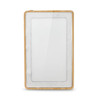 A power bank with a bamboo frame and smooth white surface, featuring a logo on the front.