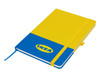 A blue and yellow A5 notebook with a logo and an elastic band closure. It features a ribbon bookmark.