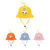 A yellow propeller hat with eyes, surrounded by orange, blue, and pink variations, all featuring a mesh design and chin strap.