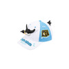A white cap with a blue panel, featuring a penguin design and a 3D flying penguin embellishment.