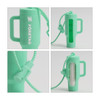 A mint green lip balm holder keychain with a handle and a transparent section, featuring a logo.