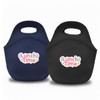 A neoprene lunch bag in navy and black, featuring a logo on the front.