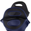 A navy neoprene lunch bag with a black interior and zip closure, featuring handles on the top.