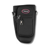 A drink bottle carrier in black neoprene with a front pocket and adjustable strap, featuring a logo.
