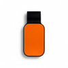 An orange and black car visor sunglass holder with a smooth, rounded design. It features a logo.