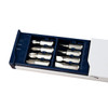 A Screwdriver Tape Measure featuring a white casing with a blue drawer, containing eight metal screwdriver bits.