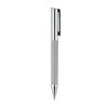 A silver metal pen with a textured grip and a clip, featuring a logo on the barrel.