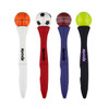 A collection of four fidget spinner pens featuring a basketball, soccer ball, cricket ball, and tennis ball design in various colours.