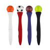 A collection of four fidget spinner pens in white, red, purple, and black, each topped with a different sports ball.