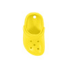 A yellow clog shoe-shaped charm with ventilation holes and a circular hole for attaching. Features a logo.