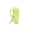 A glow-in-the-dark mini tumbler keyring in lime green, featuring a straw and a keyring attachment. Includes a logo.