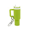 A drink bottle keyring in bright green, featuring a handle, straw, and attached clip for easy portability.